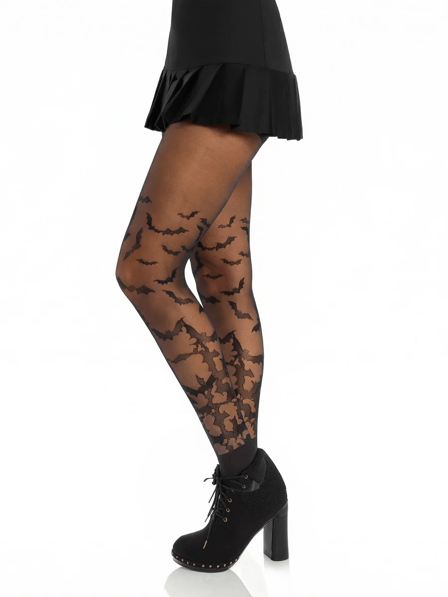 Leg Avenue Bat Wing Sheer Tights Black OS displayed on a model, featuring bat designs over sheer black fabric.