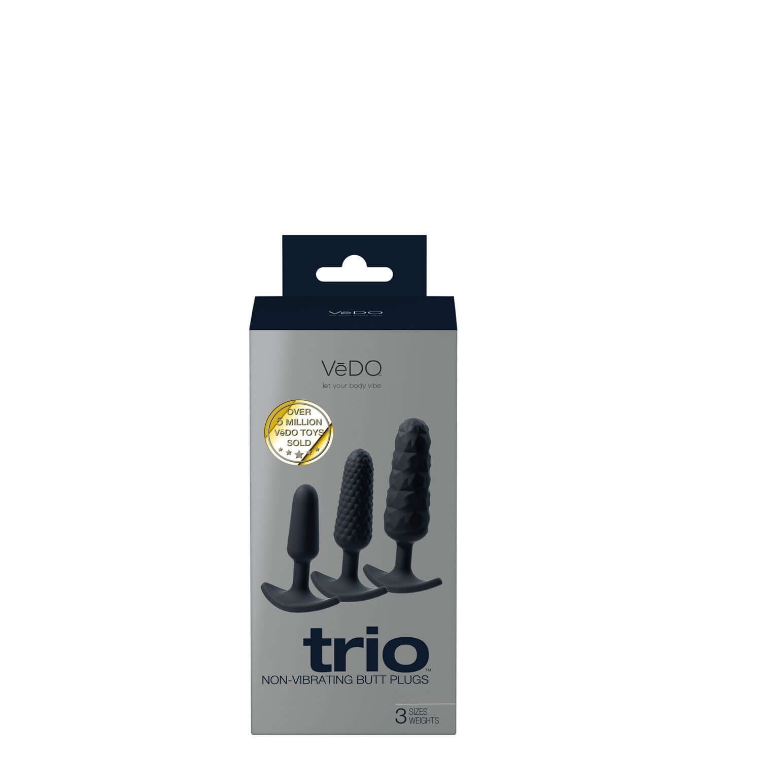 Trio Non-Vibrating Anal Butt Plug Set in packaging, featuring three different sizes and textures for versatile backdoor exploration.