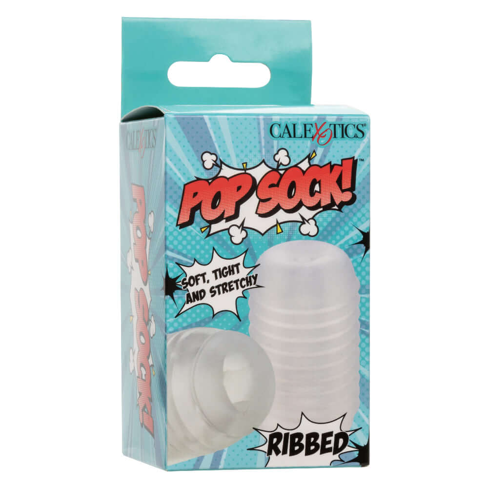 Pop Sock Ribbed Masturbation Sleeve packaging showcasing reversible clear stroker with ribbed texture for multi-textured pleasure.