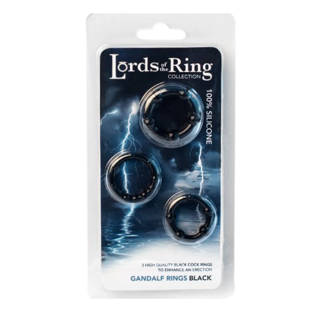 Lord Of The Cock Rings Gandalf 3 Ring Set Black in package with three black silicone cock rings.