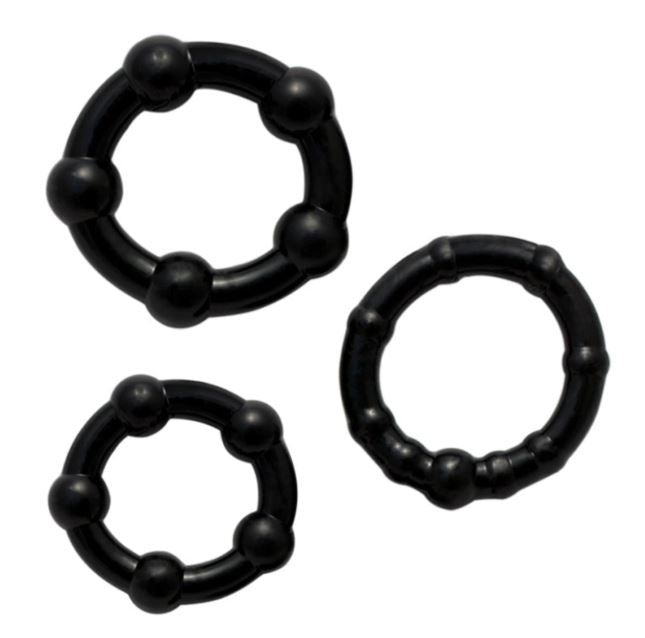 Lord Of The Cock Rings Gandalf 3 Ring Set Black stretchy beaded rings displayed on a white background.