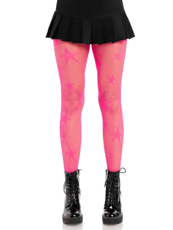 Leg Avenue Star Net Tights OS Neon Pink showcased with a black skirt, featuring a vibrant star net pattern in neon pink.