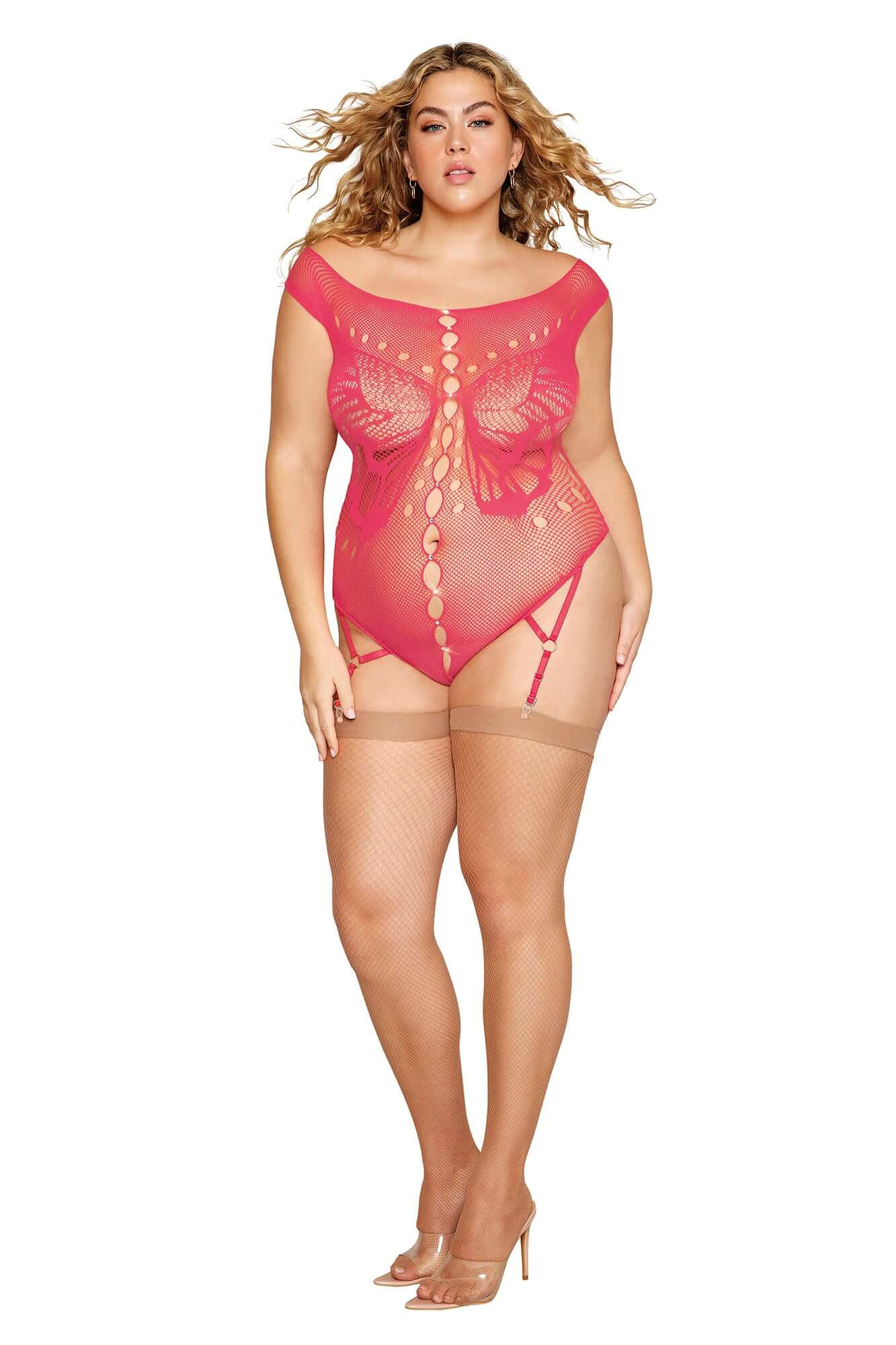 Plus size model wearing watermelon garter teddy with front rhinestone accents, open crotch, and keyhole cutouts. Adjustable garters and thigh highs.