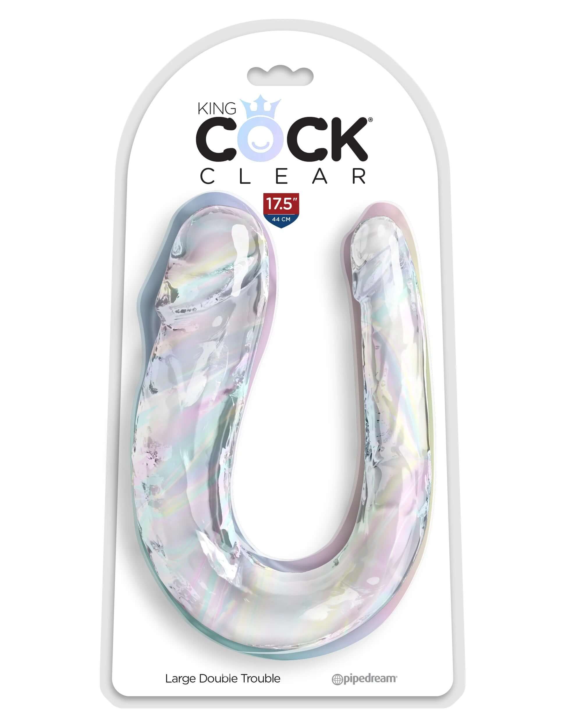 King Cock Clear Double Trouble Dildo, 17.5 inches, large translucent double dildo with realistic design, in packaging.