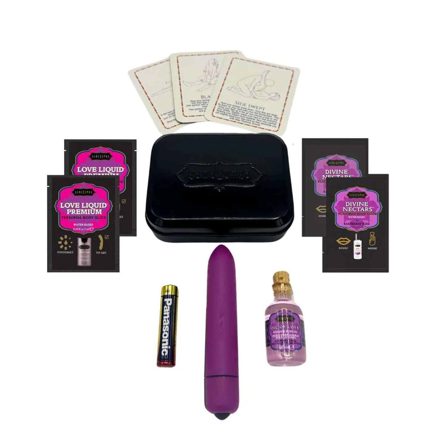 Kama Sutra Weekender Kit Vibe Raspberry Dreams with mini bullet vibrator, love liquid, divine nectars, and cards.