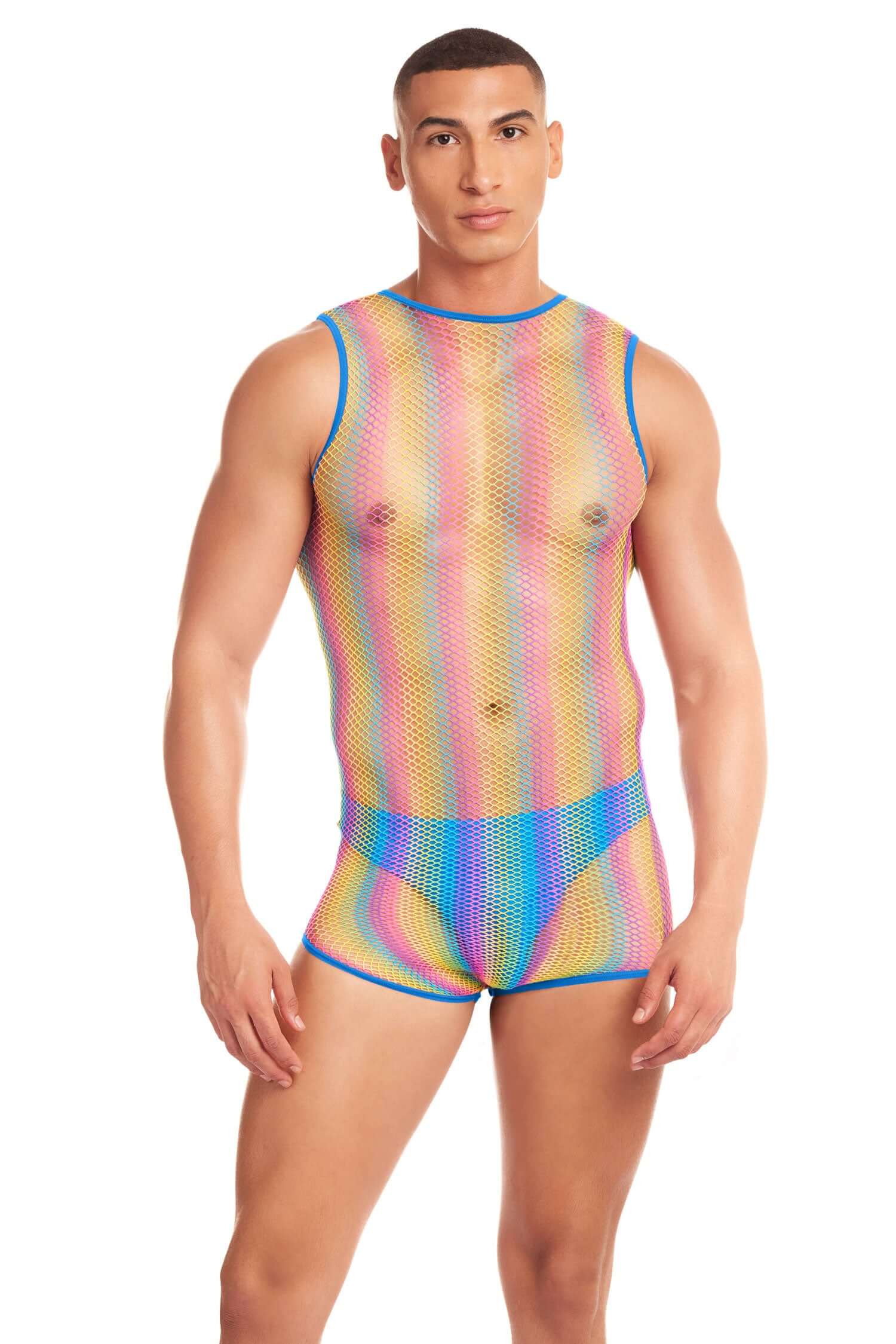 Model wearing Pride Star 2pc Set in rainbow colors, made of 95% Nylon and 5% Spandex, showcasing small/medium size mesh outfit.