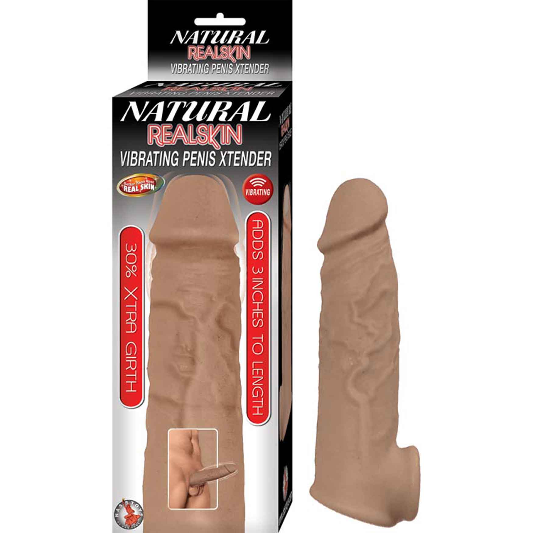 Natural Realskin Vibrating Penis Extender in brown, veiny texture, adds 3 inches length, 30% girth, boxed packaging.