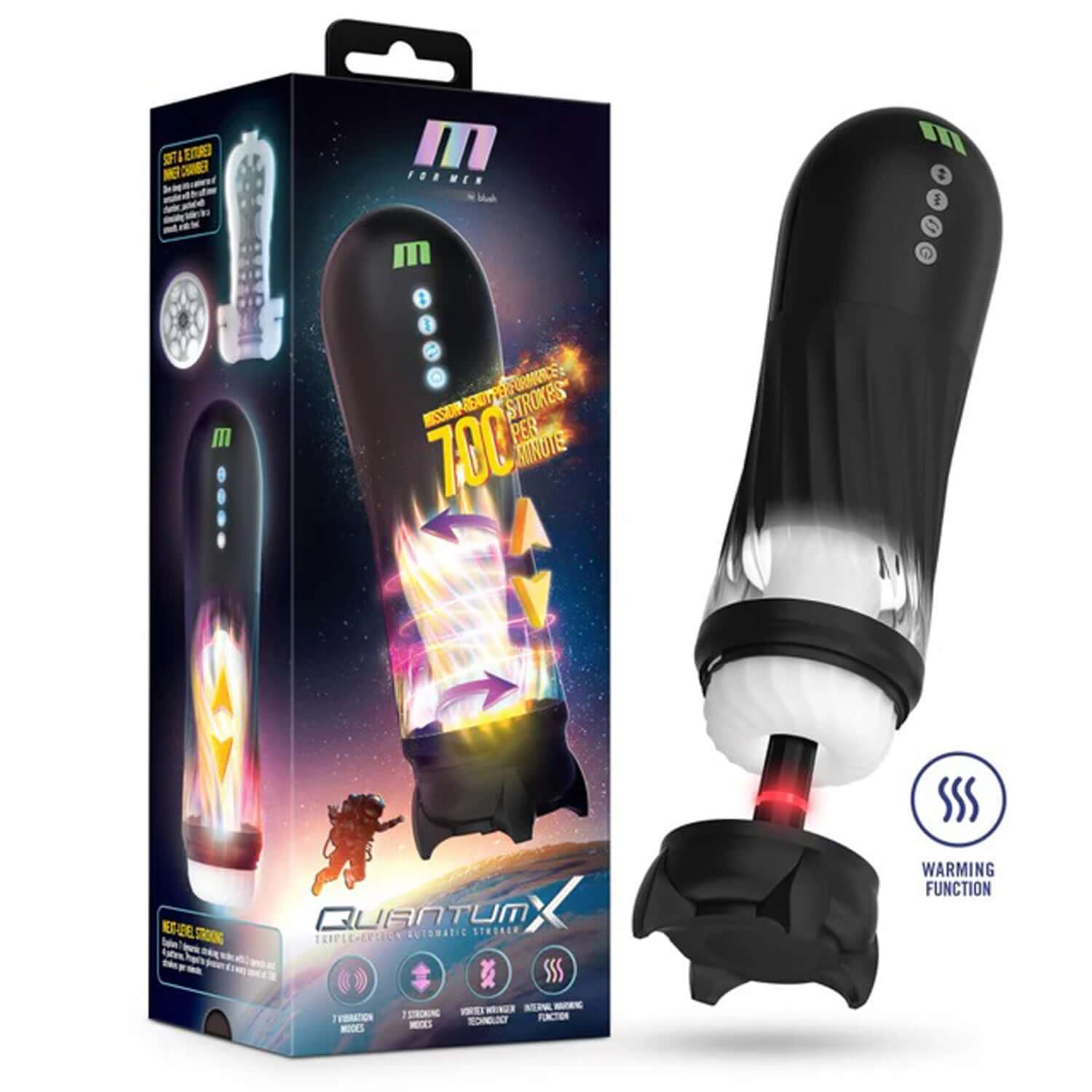 Quantumx Triple Action Automatic Stroker in black with packaging, featuring 7 vibration and stroking modes for ultimate pleasure.