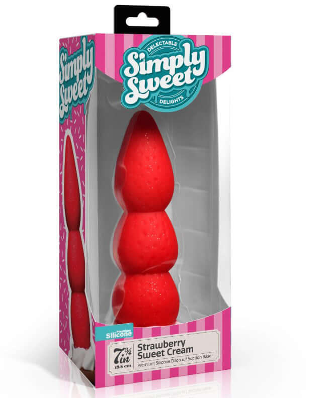 Strawberry Sweet Cream Premium Silicone Dildo in colorful packaging with a playful design.