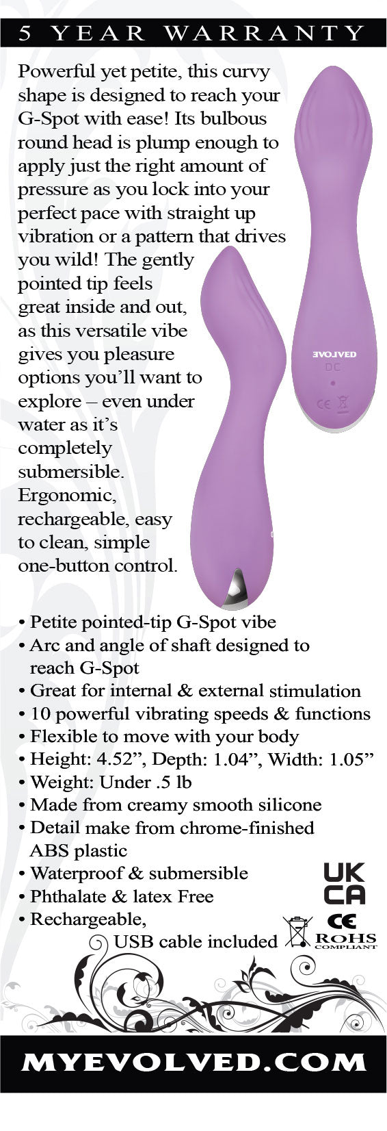 Lilac G Rechargeable Silicone Vibrator Purple features a petite design for targeted G-spot stimulation and comfort.