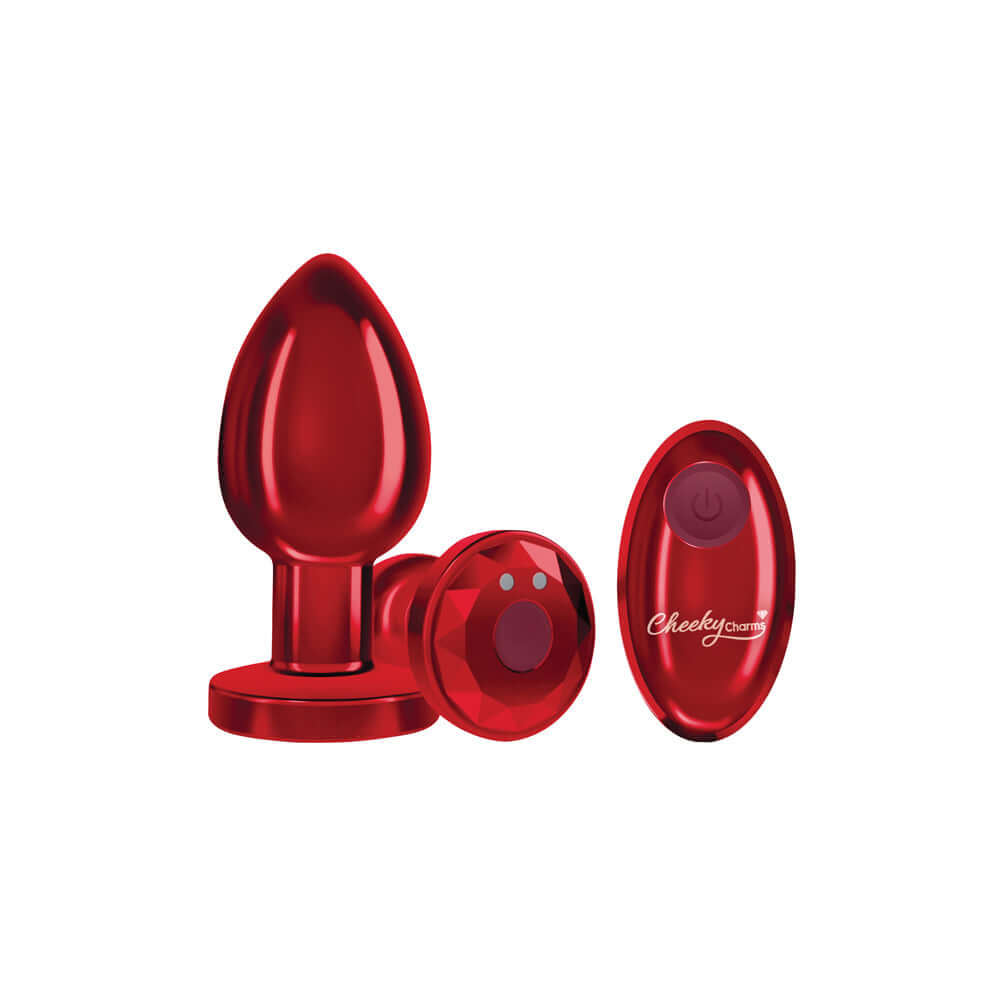 Cheeky Charms rechargeable red metal vibrating butt plug with remote control, designed for comfort and pleasure.