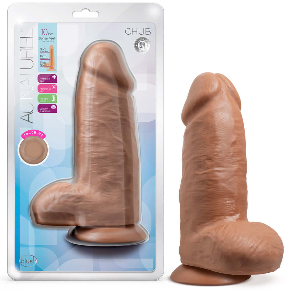 Au Naturel Chub 10 Inch Dildo Mocha displayed in packaging with realistic texture and design.