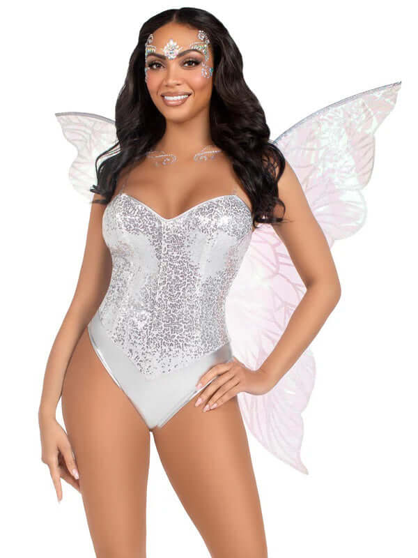 Leg Avenue Strapless Fairy Wings OS Clear showcased by a model in elegant costume with shimmering iridescent wings.