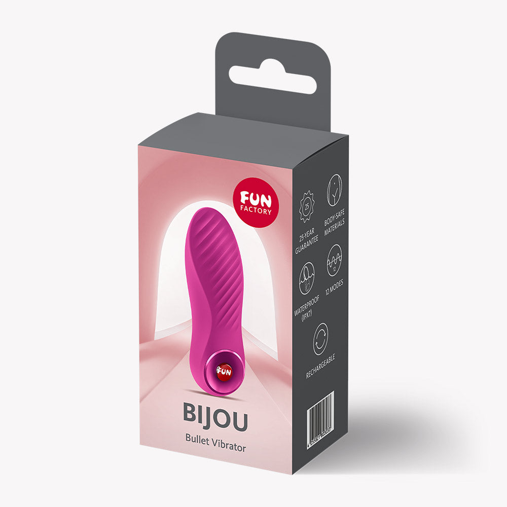 Fun Factory Bijou Bullet Vibrator Magenta in packaging with features listed.