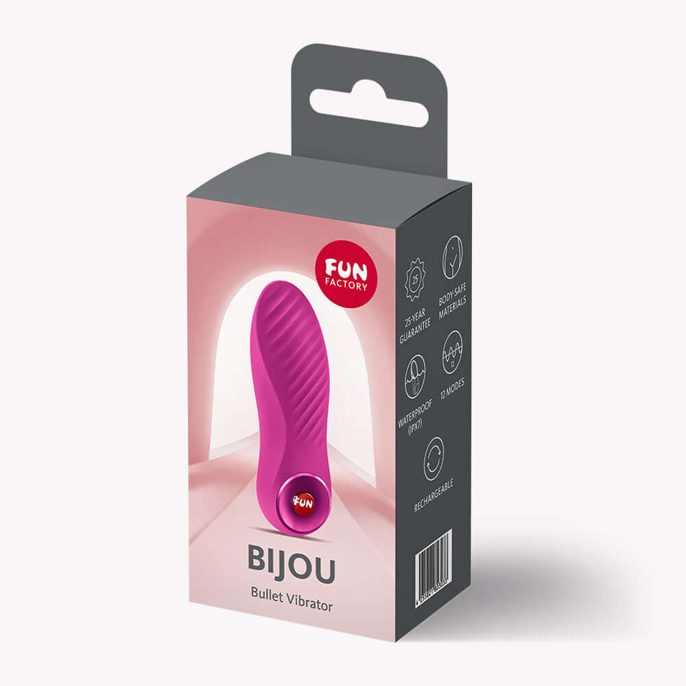 Fun Factory Bijou Bullet Vibrator Magenta packaging featuring a compact design for travel and pleasure.