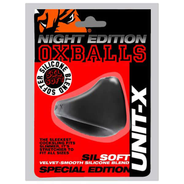 Oxballs UNIT-X Night Edition packaging featuring stretchy slim fit cocksling in velvet-smooth SILSOFT silicone blend.
