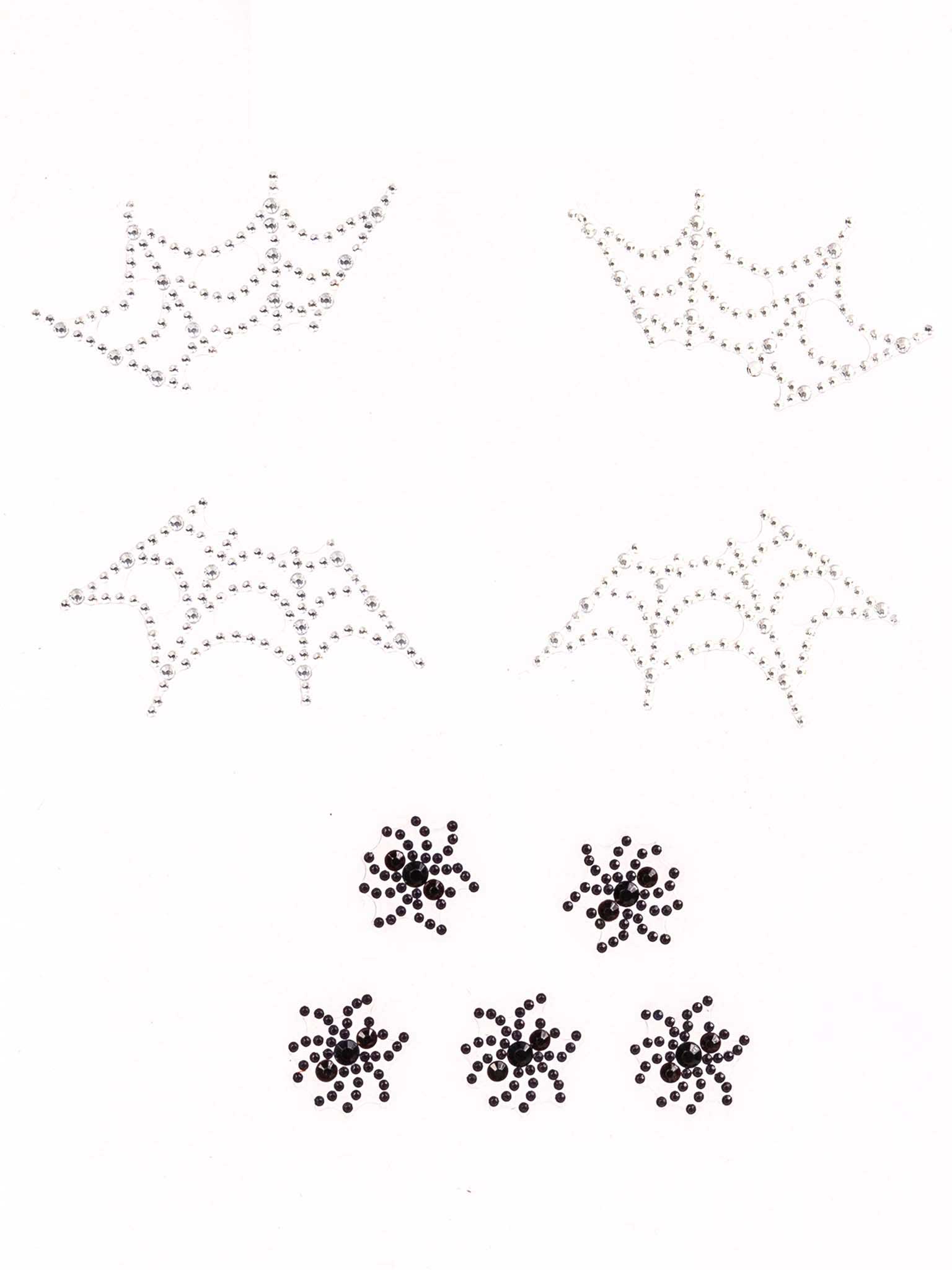 Leg Avenue Spider Web Face Jewels Sticker featuring sparkling rhinestones in spider web and spider designs.
