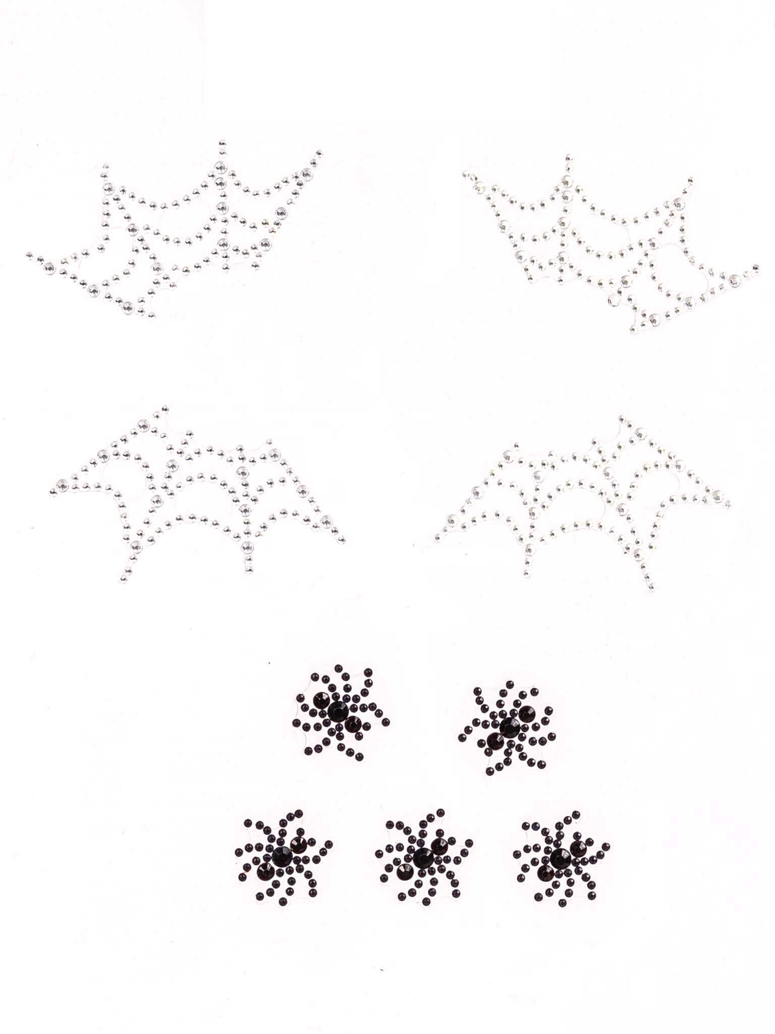 Leg Avenue Spider Web Face Jewels Sticker featuring sparkling rhinestones in spider web and spider designs.