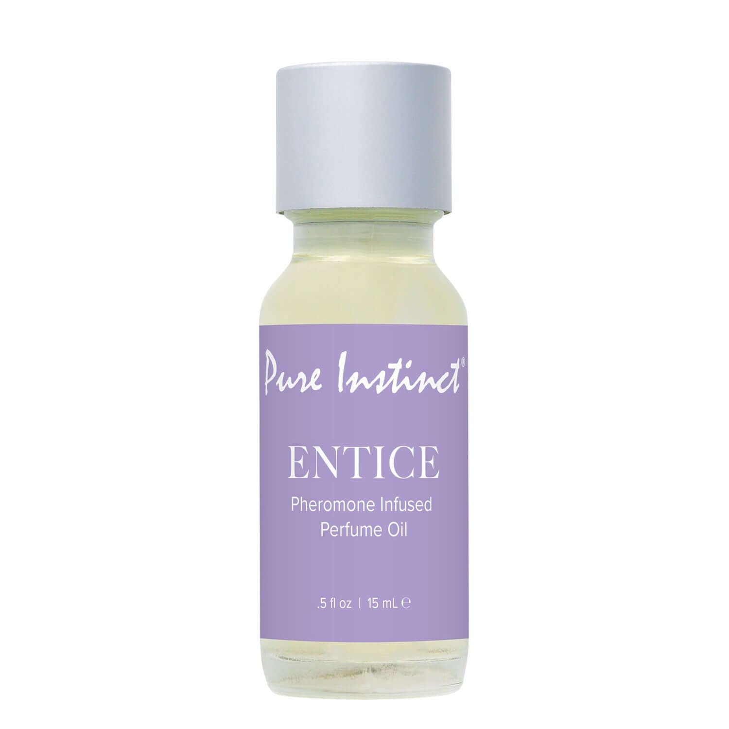 Pure Instinct Entice Pheromone Perfume Oil 15ml bottle with dropper, sensual fragrance blend with sandalwood, citrus, and floral notes.