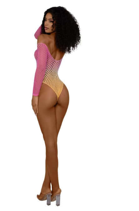 Dreamgirl Ombre Net Bodystocking OS Tropical Peach worn by model showcasing vibrant ombre color and flattering fit.