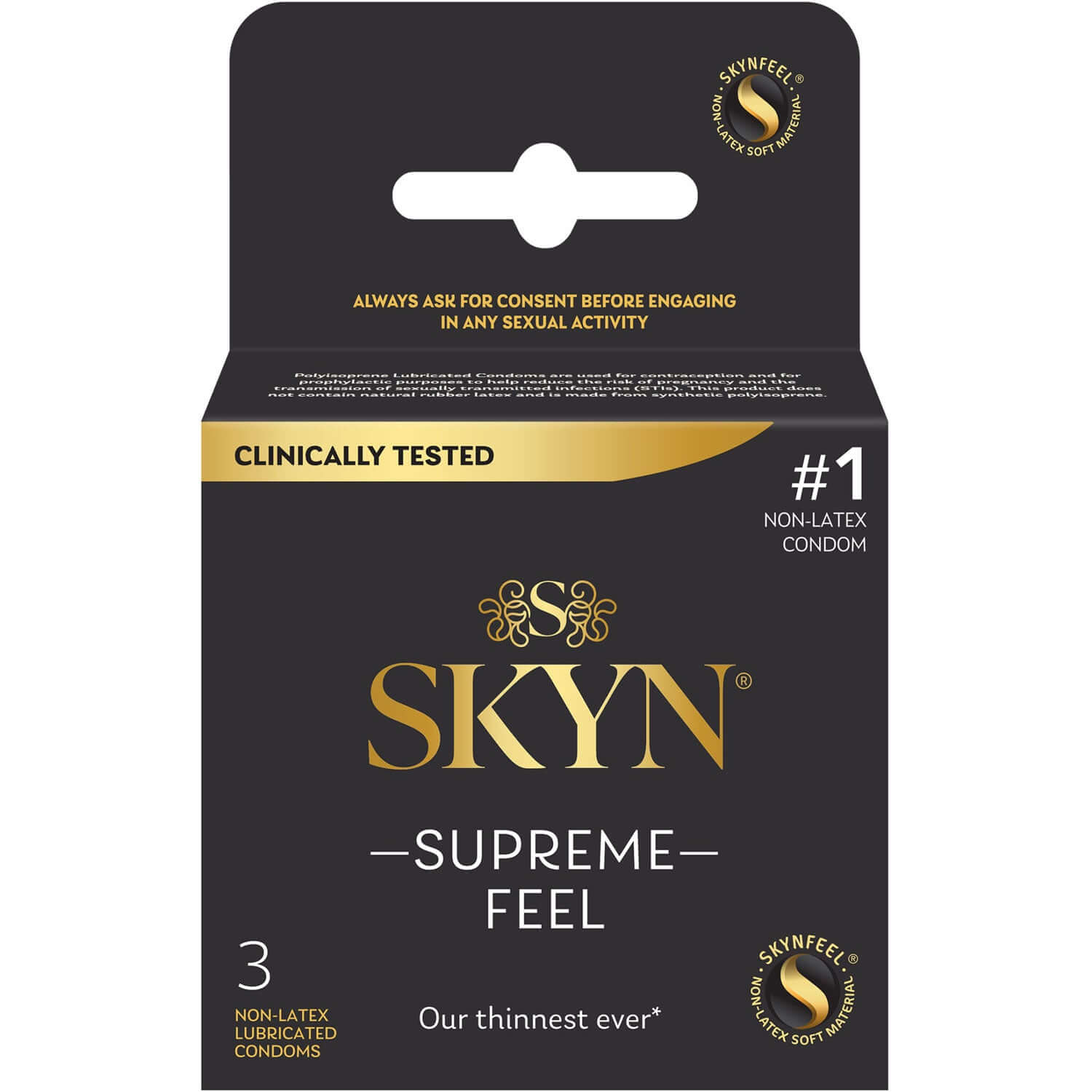 SKYN Supreme Feel 3 count non-latex lubricated condoms packaging, clinically tested for ultimate comfort and natural fit.