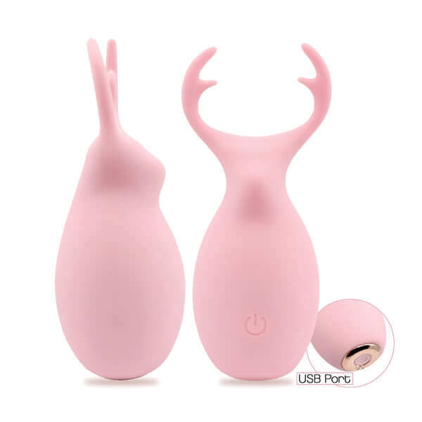 Buzzy Buddies Hello Dear clitoral stimulator in pink, featuring USB charging and 10 powerful vibration patterns.