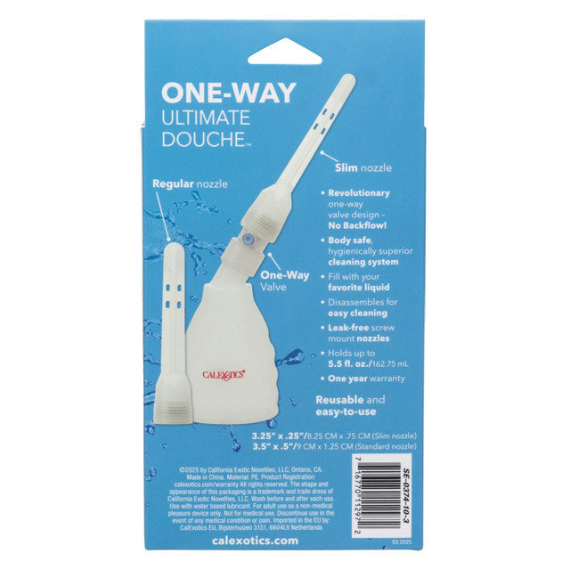 One-Way Ultimate Douche Clear packaging showing features and nozzle design for effective cleansing.