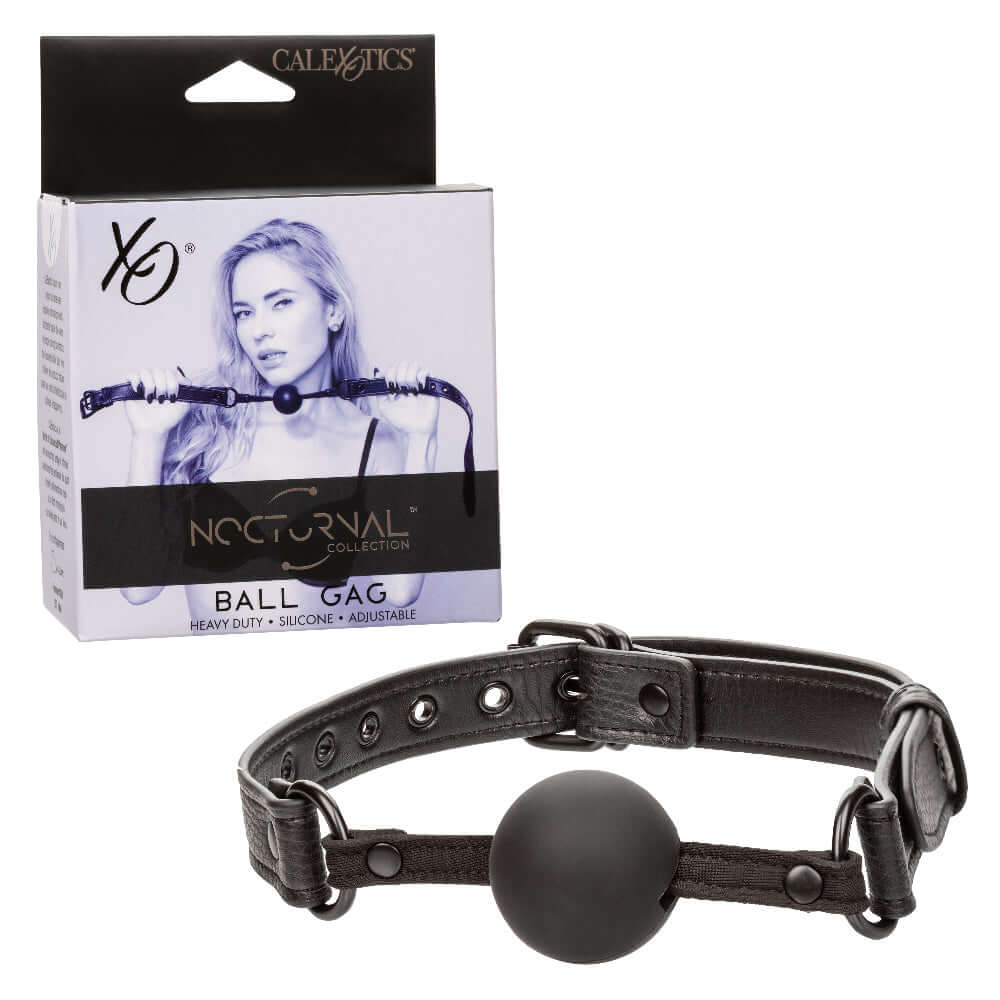 Nocturnal Collection Ball Gag - Black, body-safe Silicone ball gag with adjustable buckle closure, shown with packaging.