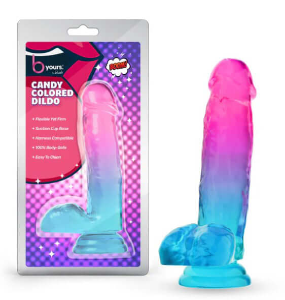 B Yours Candy Colored Realistic Dildo in packaging showcasing colorful design and suction cup base.
