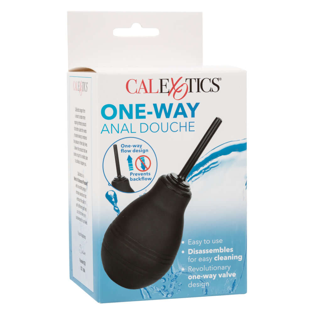 One Way Anal Douche Black packaging showing a one-way flow design and an ergonomic nozzle for comfortable use.