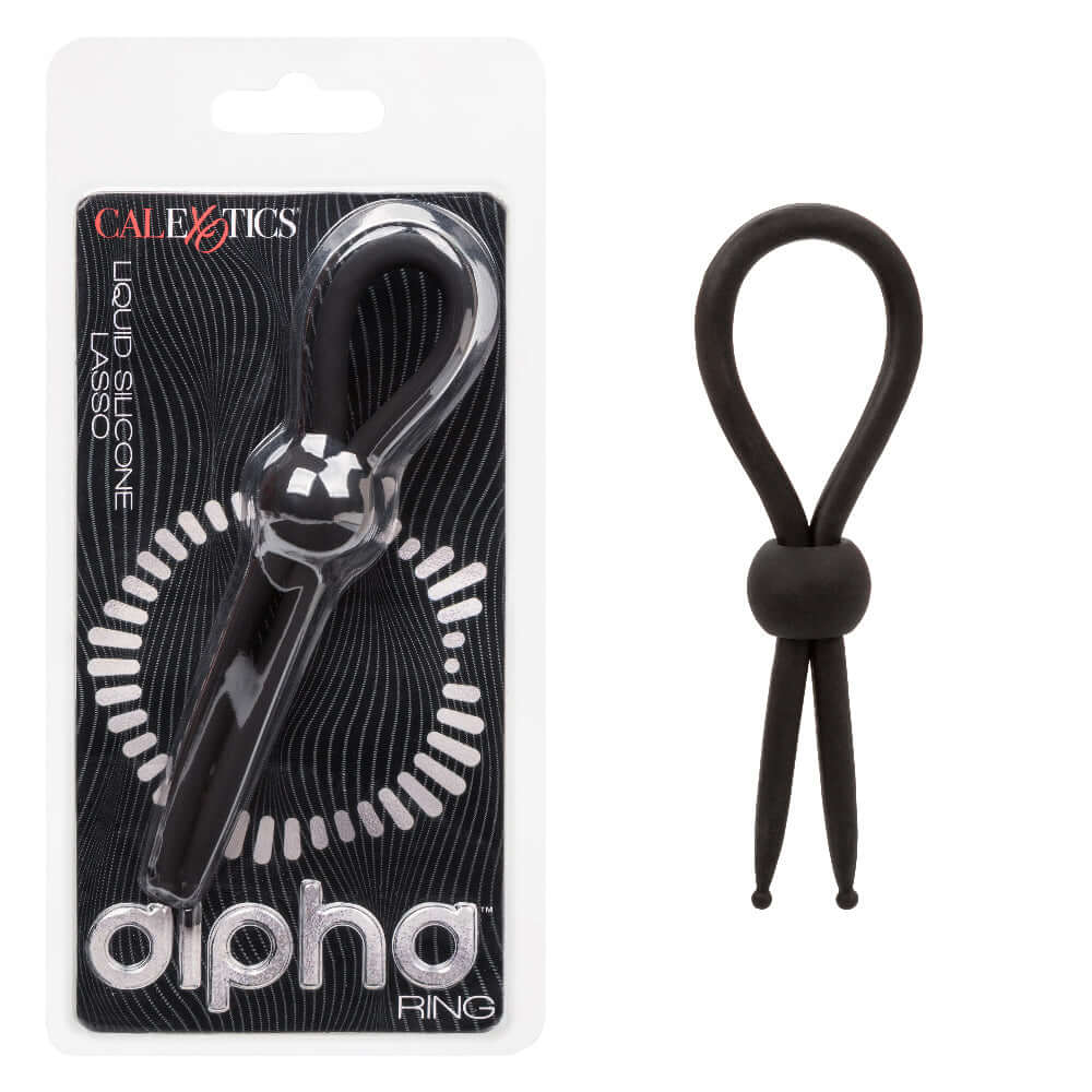 Alpha Liquid Silicone Lasso - Black adjustable enhancer in packaging and out, stretchy and comfortable for intimate control and enhancement.