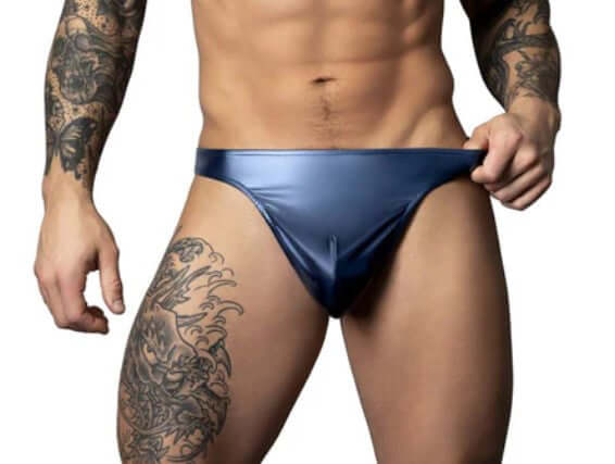 Male Power Liquid Onyx 2.0 Moonsh Large XL Blue thong showcasing a sleek wet look and body-contouring design.