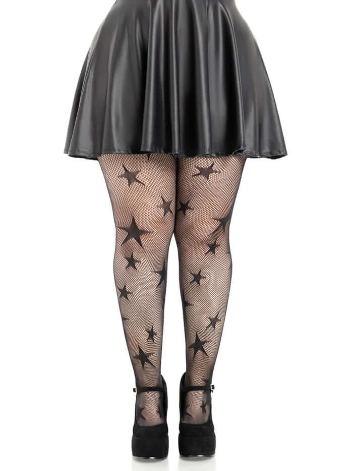 Leg Avenue Star Net Tights 1X 2X Black displayed on legs, featuring a bold star pattern and stylish black skirt.