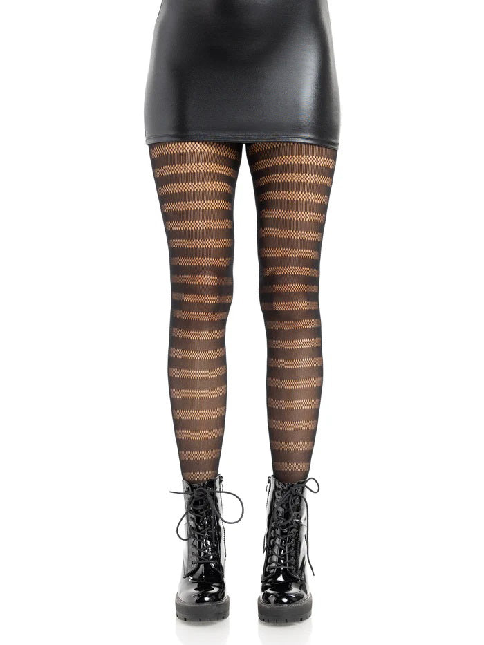 Leg Avenue Cosima Striped Net Tights OS Black worn with a black leather skirt and lace-up boots.
