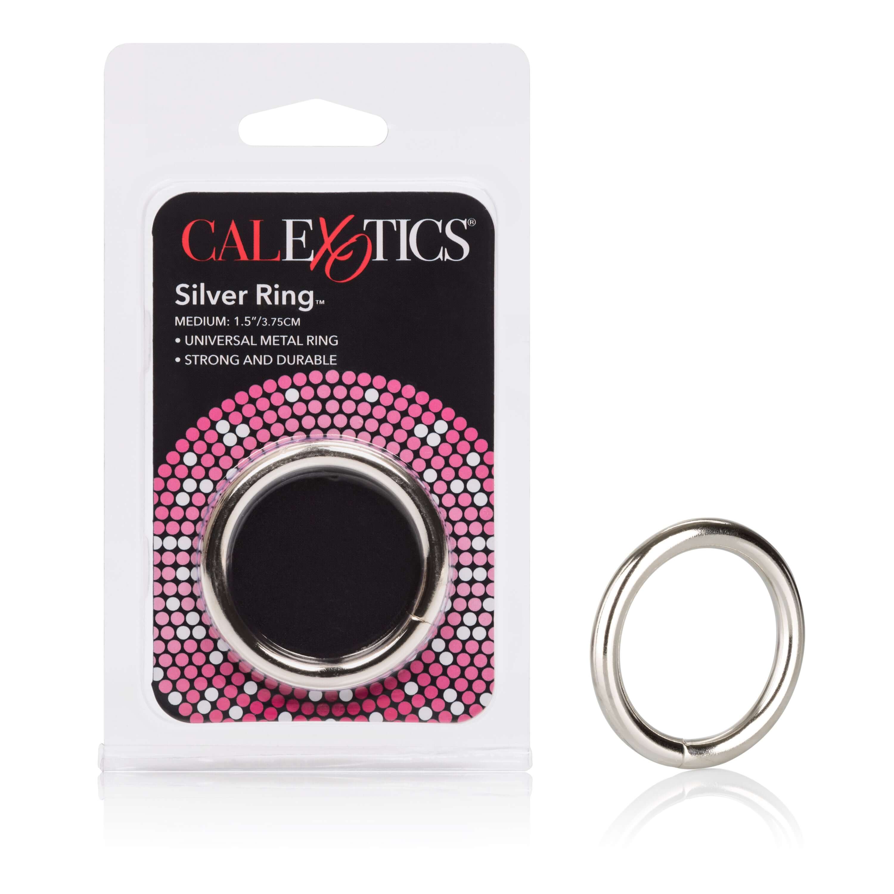 Silver Ring Steel Medium 1.5 Inch in packaging, showcasing strong and durable design from California Exotic Novelties.