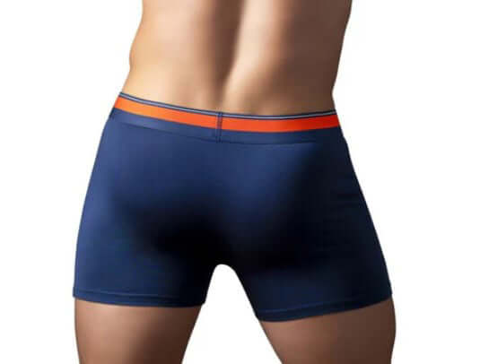 Male Power Soo Cumfy Boxer Brief Small Navy showing back view with orange waistband and smooth fit.