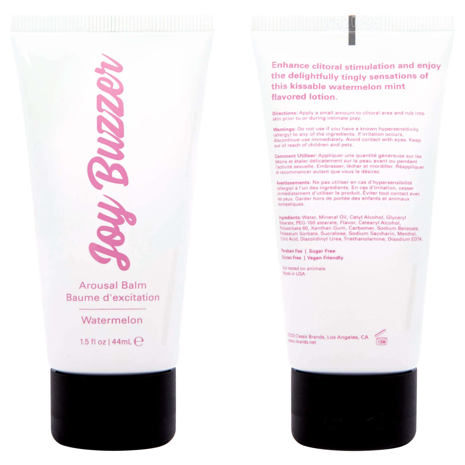 Joy Buzzer Arousal Balm Watermelon 1.5 Oz tube featuring cooling, tingling sensations and watermelon flavor for intimate moments.