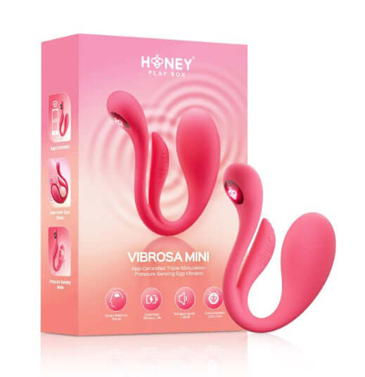Honey Play Box Mini Vibrosa Triple Stimulator Pink packaging with a wearable design and app-controlled features.