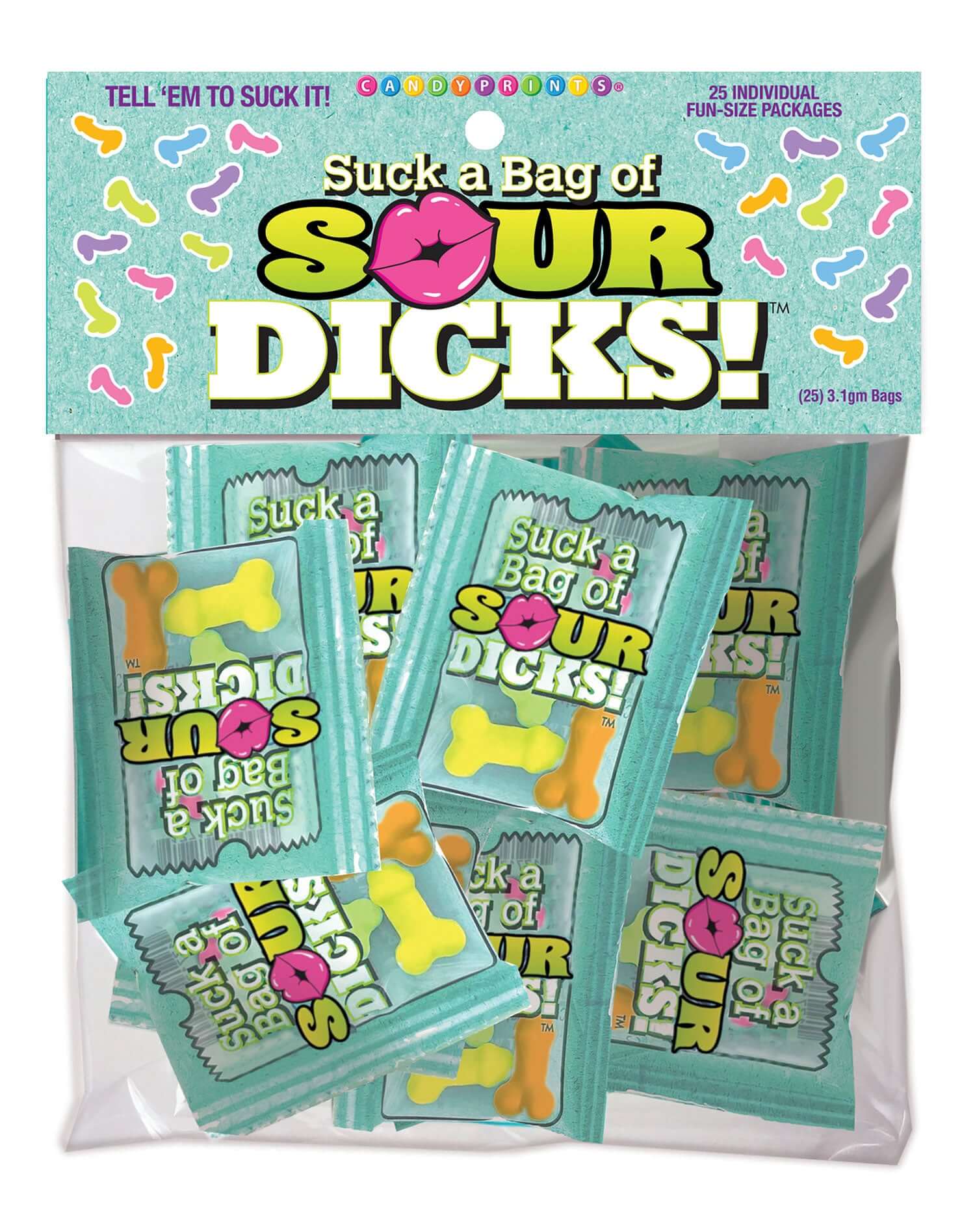 Suck a Bag of Sour Dicks Bag of 25 novelty candy with fun packaging and colorful designs in an individual bag.