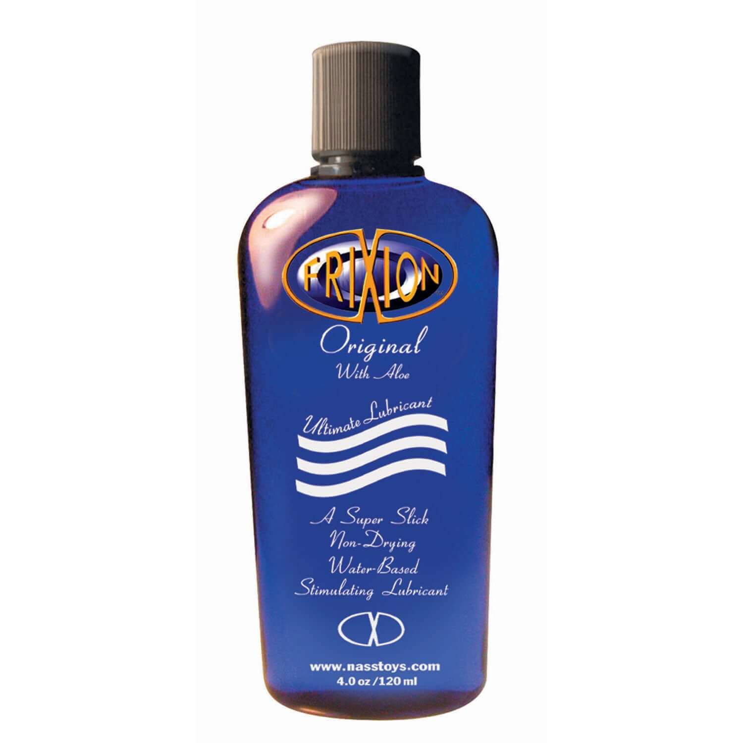 Frixion Ultimate Water Based Lubricant 4 Oz bottle featuring a blue design with aloe and lubricant details.