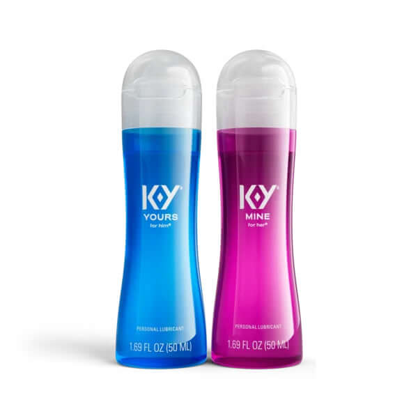 Ky Yours and Mine Couples Lubricant Set 3 Oz featuring blue and pink bottles for couples intimacy.