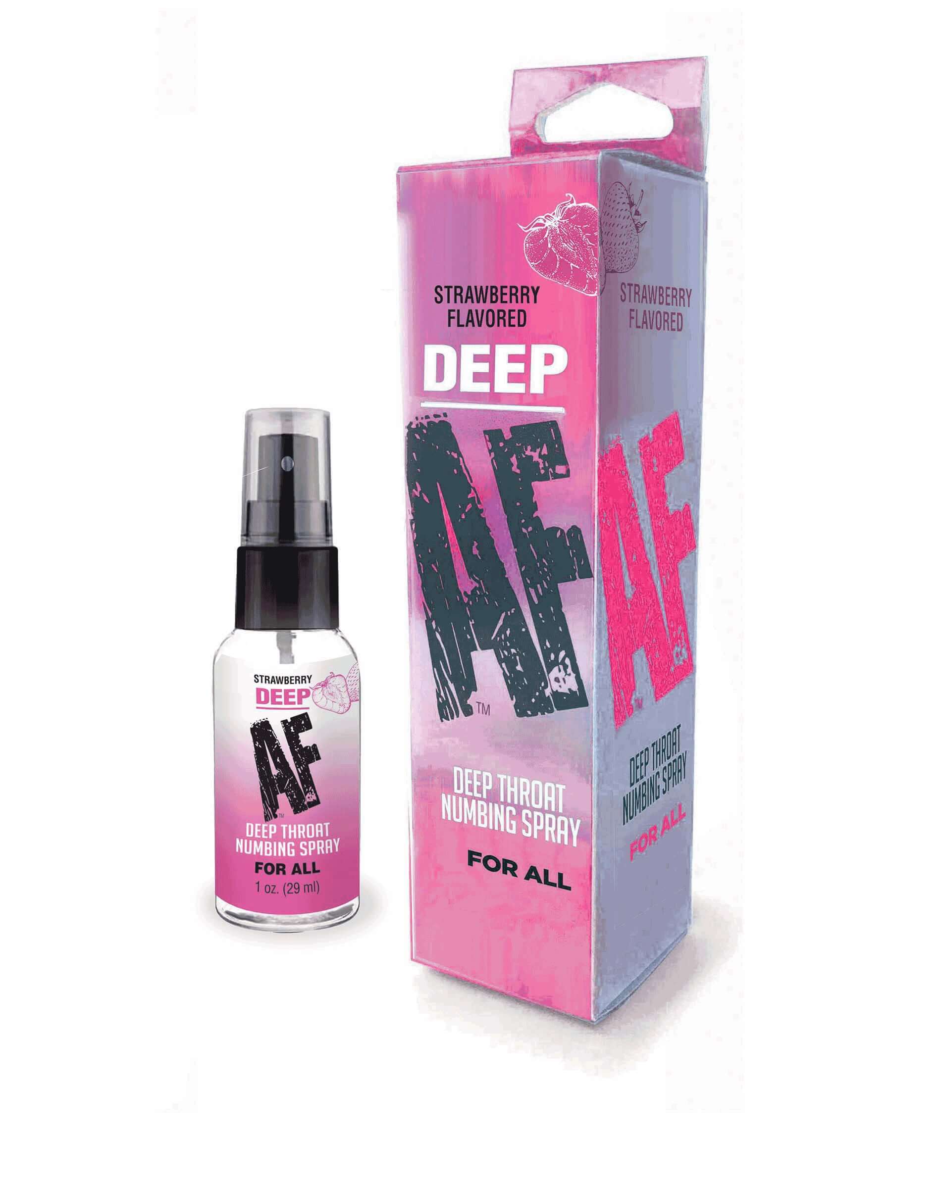 Deep Af Numbing Throat Spray Strawberry 1 Oz bottle and box packaging on white background.