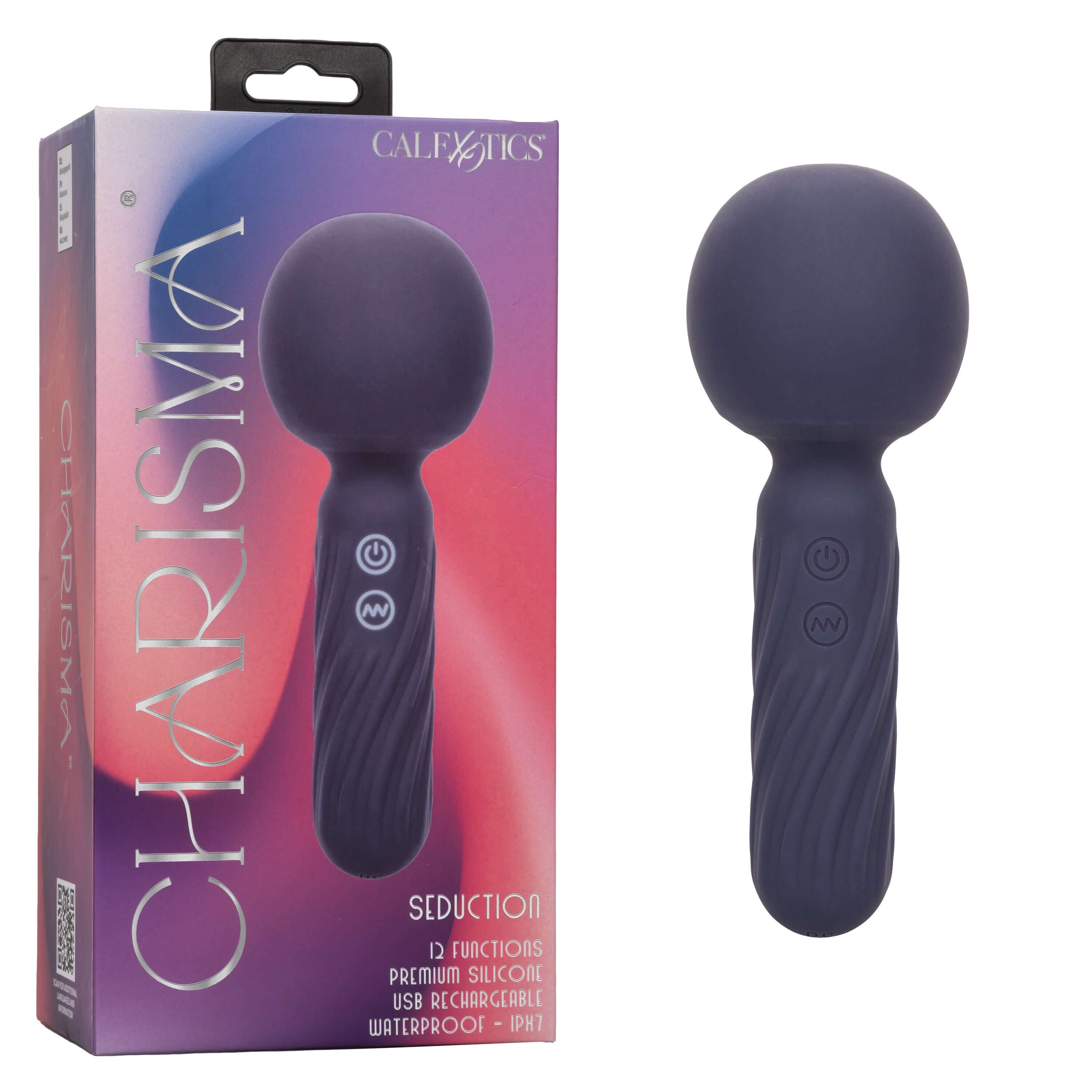 Charisma Seduction Compact Wand Massager in blue with packaging, featuring body-safe silicone and 100% waterproof design for ultimate pleasure