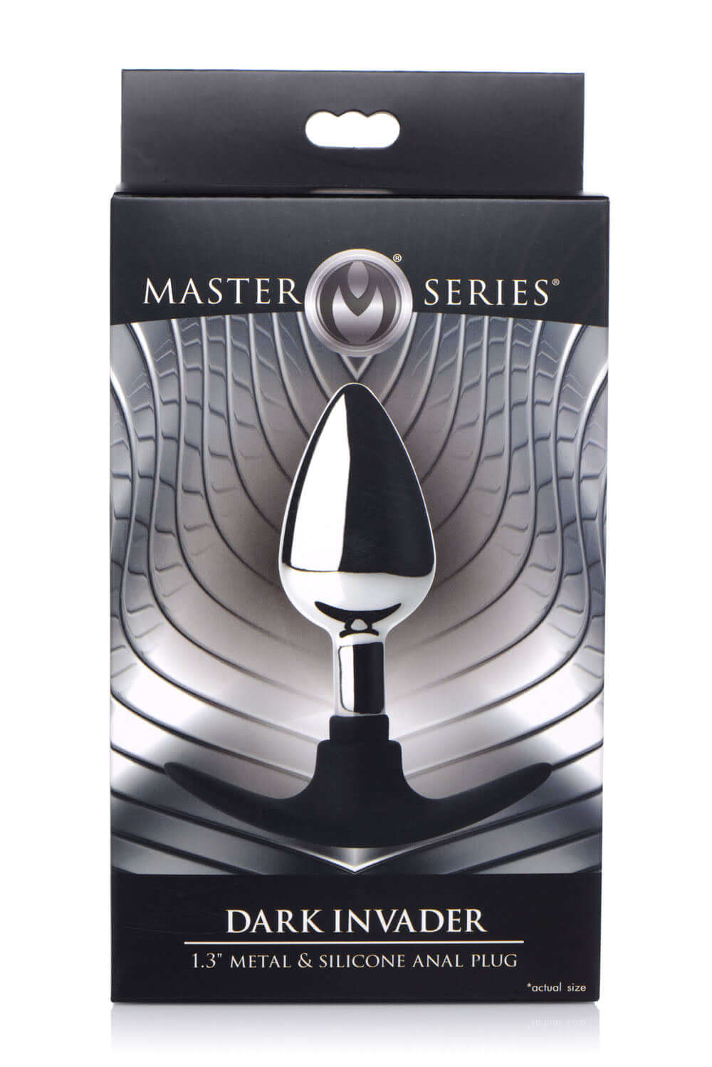 Dark Invader Metal and Silicone Anal Plug Medium packaging featuring sleek design and luxurious materials.