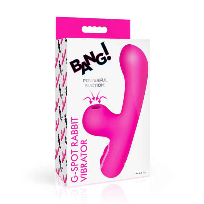 Bang G-Spot Rabbit Vibrator Pink in packaging showcasing powerful suction for enhanced pleasure.