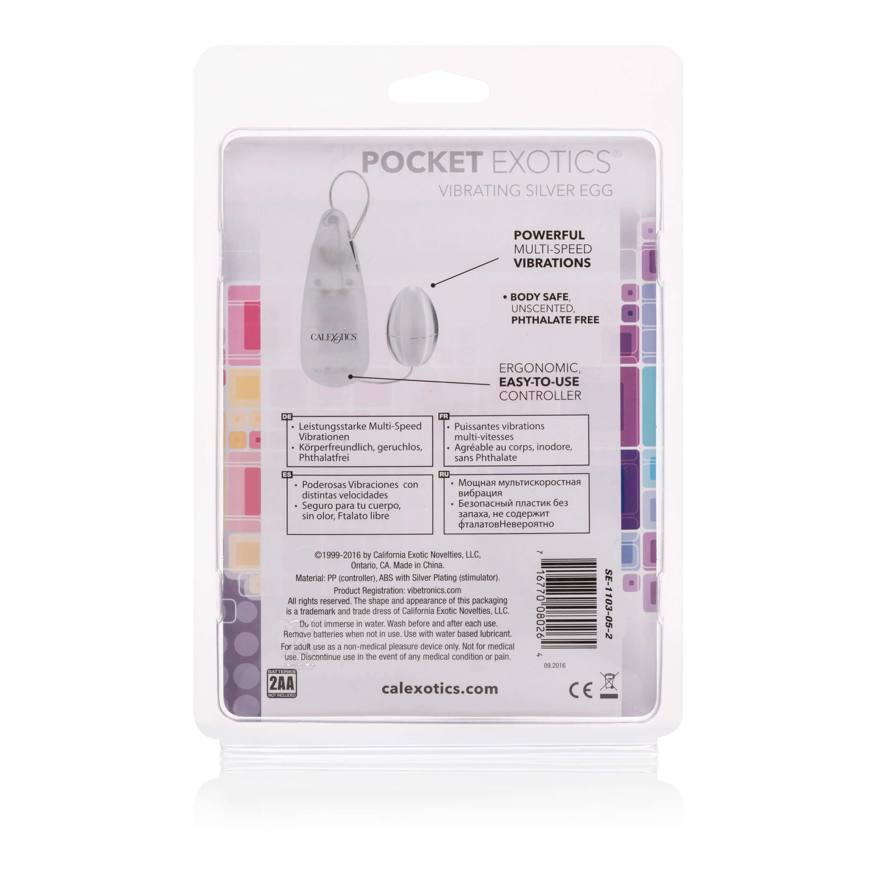 Pocket Exotics Vibrating Egg Vibrator Silver packaging with descriptions and features.