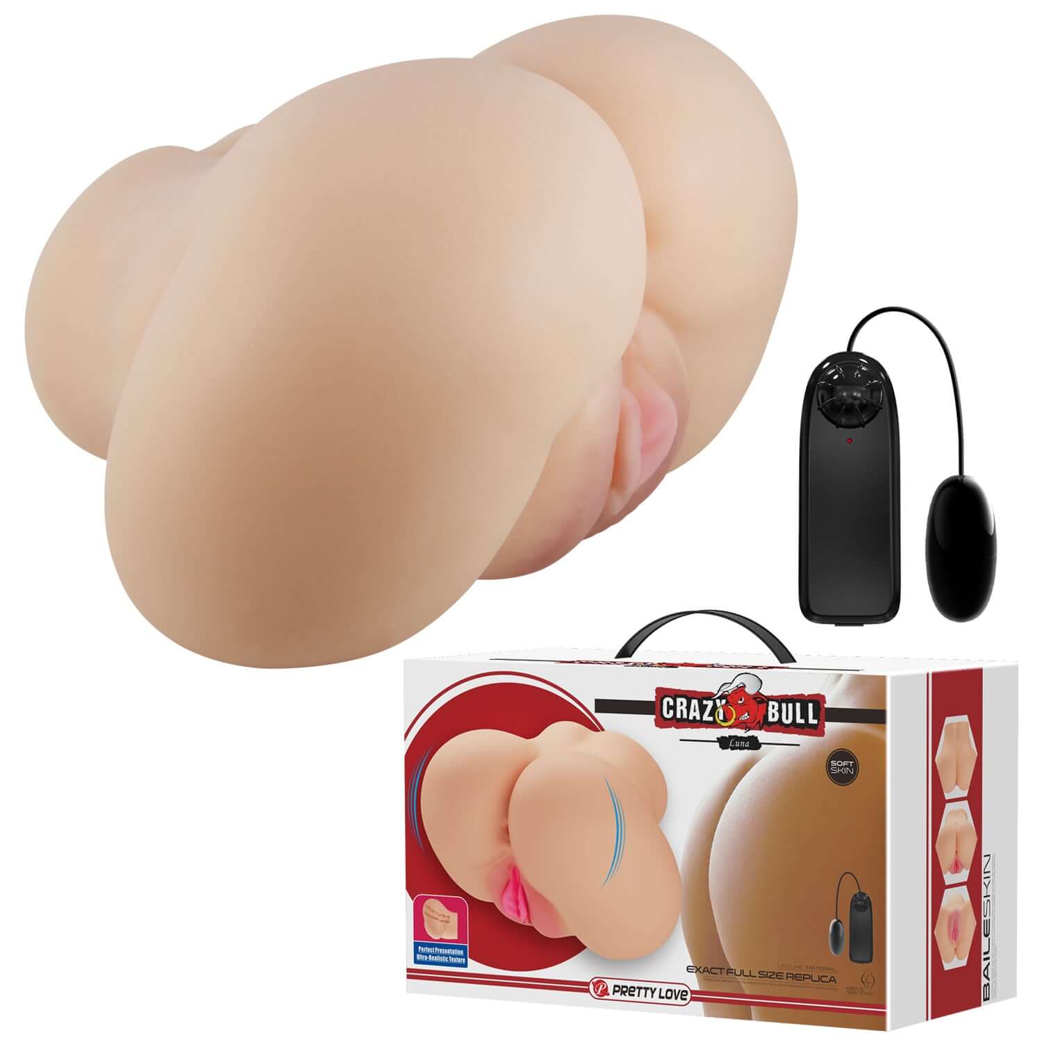 Realistic dual-entry masturbator featuring a vagina and anus design with remote-controlled bullet vibrator.