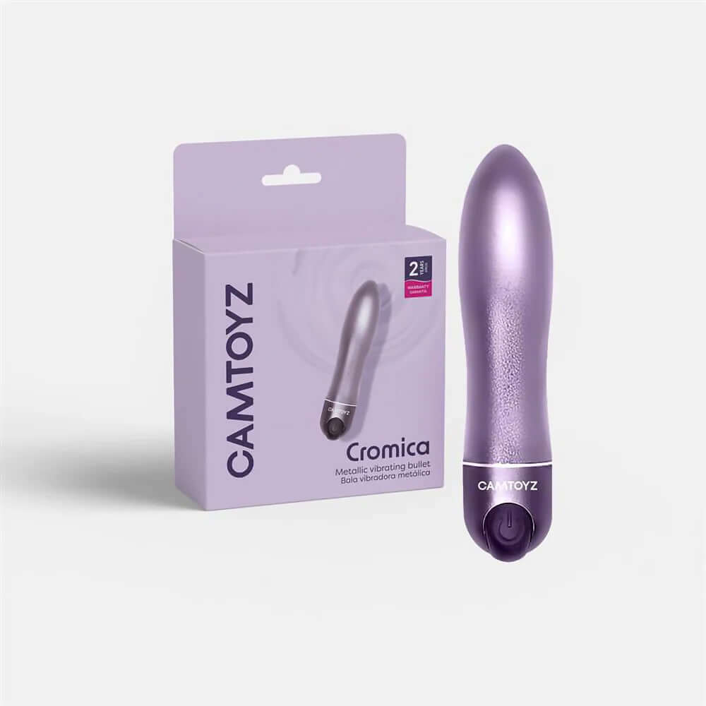 Cromica Camtoyz Metallic Vibrating Bullet Purple with sleek design and packaging, compact and rechargeable for travel.