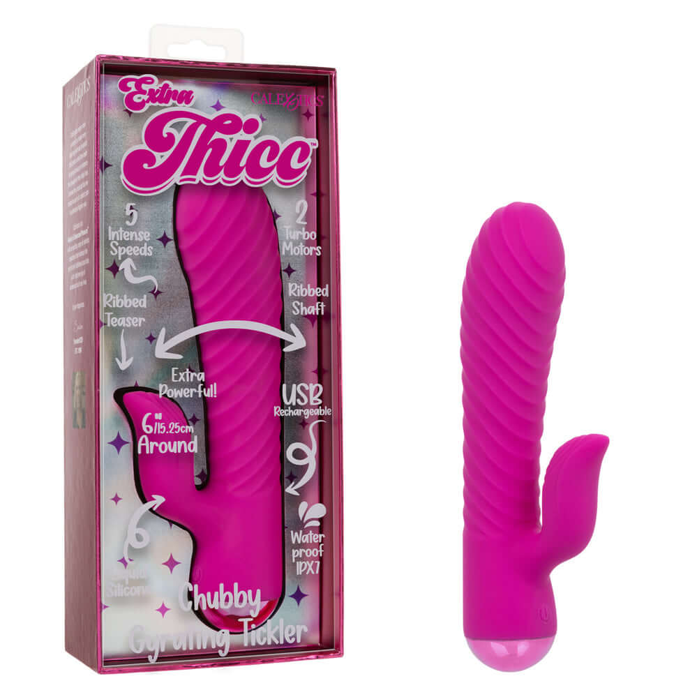 Extra Thicc Chubby Gyrating Tickler Pink product packaging and massager design with ribbed shaft and dual motors.
