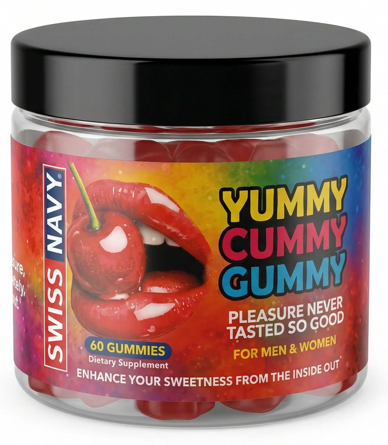 Yummy Cummy Gummy 60 count container with playful branding and cherry graphics, perfect for adult-themed events.